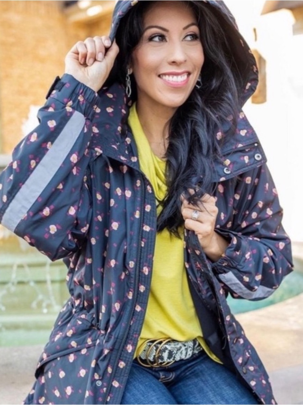 CAbi Rainy Day Navy Floral Hooded Rain Jacket with Pink Print